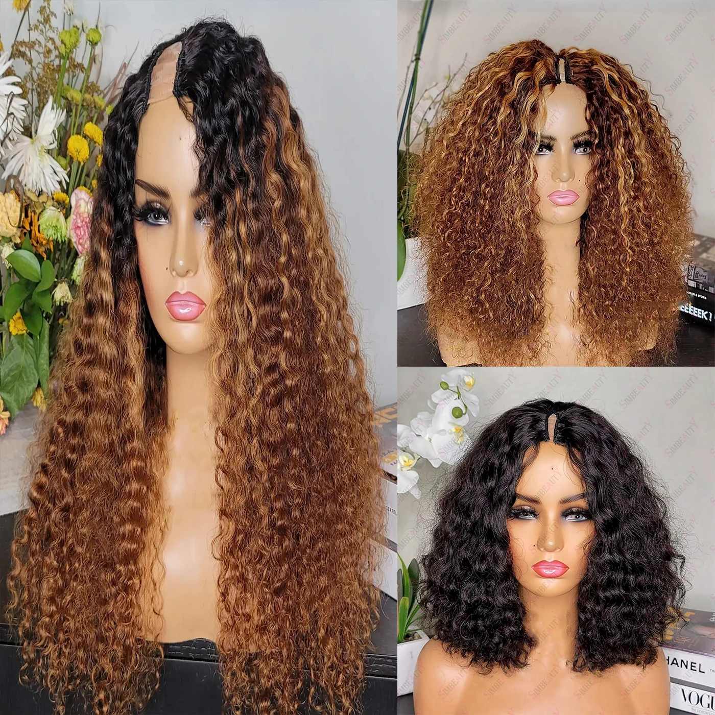

Curly Honey Blonde 1X4 U Part Wig Highlights Wavy Ombre Natural Black V Part Human Hair Brazilian Raw Virgin Cheap Glueless Wigs