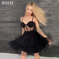 jeheth black polka dotted tulle sheer bodice prom dress backless homecoming graduation party gown short robes de soir%c3%a9e mini