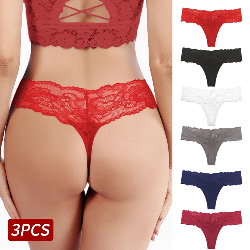 

3PCS/Set Women Low-waist Thong Underwear Sexy Lace Panties Female Perspective G String Breathable Underpants Intimate Lingerie