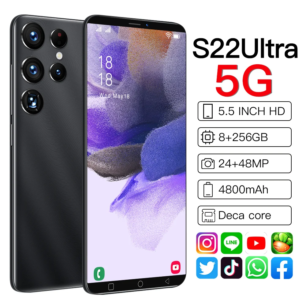 

S22Ultra смартфон с 5,5-дюймовым дисплеем, десятиядерным процессором MTK6983, ОЗУ 8 Гб, ПЗУ 2022 ГБ, 5,5 мАч, 24 + 48 МП, Android 11