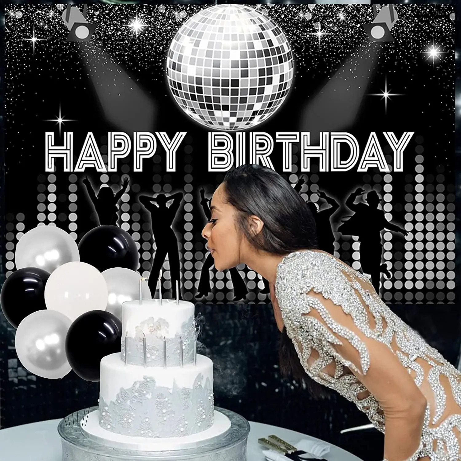 Черный фон для дискотеки с блестящими фотографиями в стиле ретро днем рождения