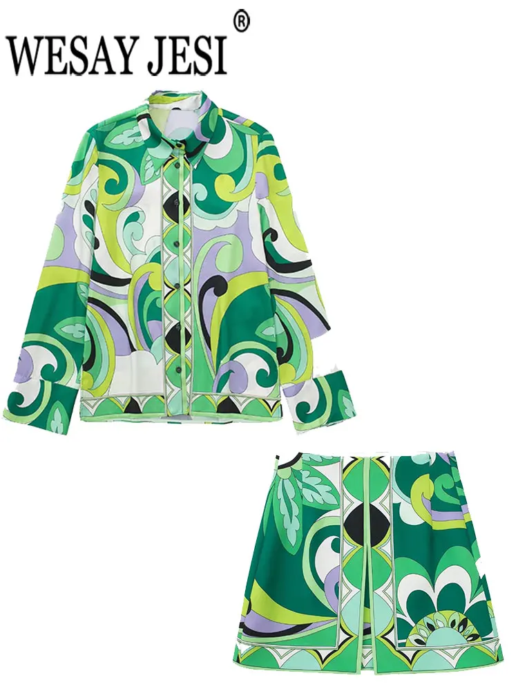 

Женский костюм-рубашка WESAY JESI с цветочным принтом, Топ с длинным рукавом и юбка с разрезом, Повседневная пляжная Летняя Повседневная Уличная...
