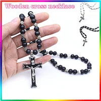 2 colors handmade jewelry religious christian 8mm bead rosary necklace wooden cross wooden bead necklace