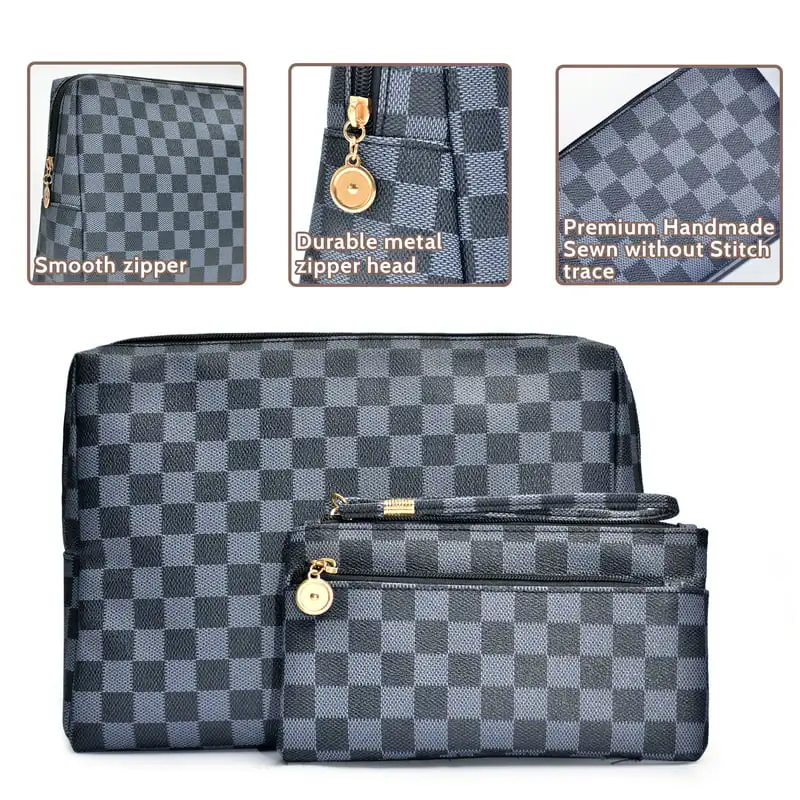 2Pcs Portable Checkered Makeup Bag, Blue Travel Cosmetic Bags, Toiletry Organizer for Women Girl Christmas Gifts, Toiletries Bag