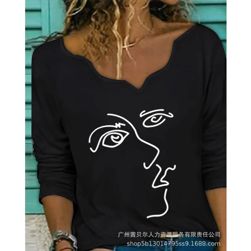 

Abstract Figure Print Long Sleeve Top Shirt Women Elegant Casual Fashion V Neck Loose T-shirt Streetwear