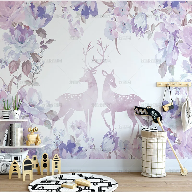 3D Современные Простые фиолетовые Акварельные Цветы Лось самоклеящиеся обои для