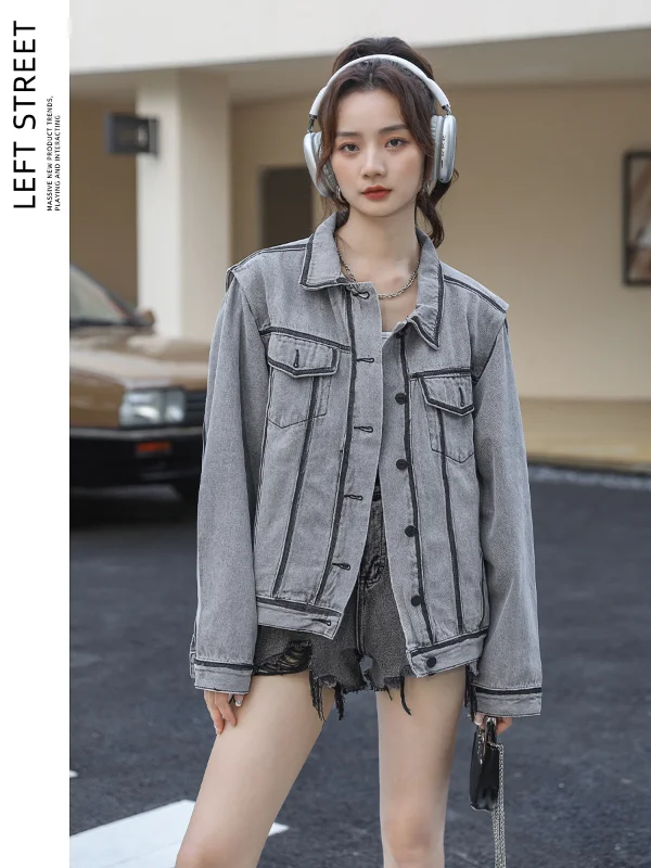 Vintage Grey Denim Jacket Women Line Splicing Single Breasted Long Sleeve Jeans Coat Chaquetas Para Mujer