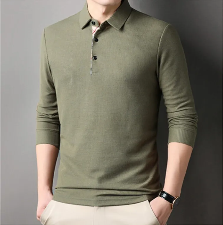 

Футболка-поло мужская с длинным рукавом, модная универсальная Повседневная рубашка-поло свободного кроя, однотонная, на пуговицах, с V-образным вырезом, осень 2023