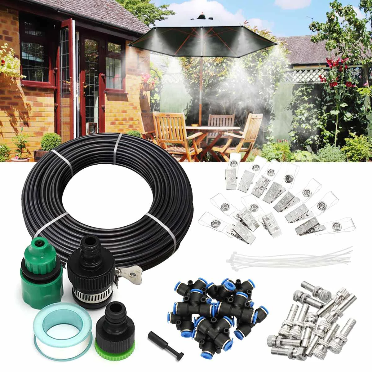 

DIY Outdoor Nebulizer Garden Sprayer Misting Cooling System 32.8FT Misting Line Brass Mist Nozzles For Patio Terrace Greenhouse