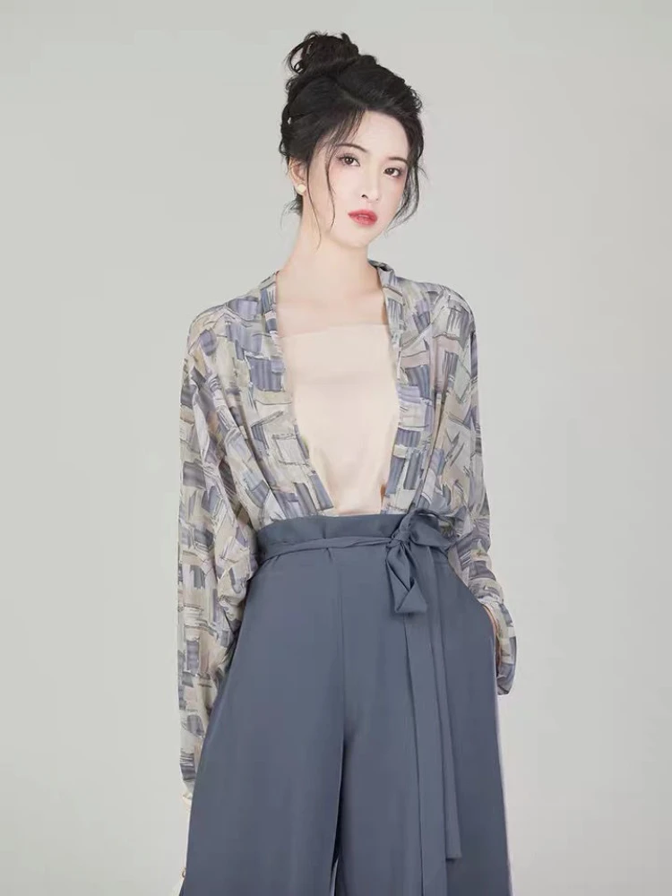 

Chinese Style 3-Piece Set 2022 Women Summer Loose Print Top High-Waist Wide Leg Pants Suit