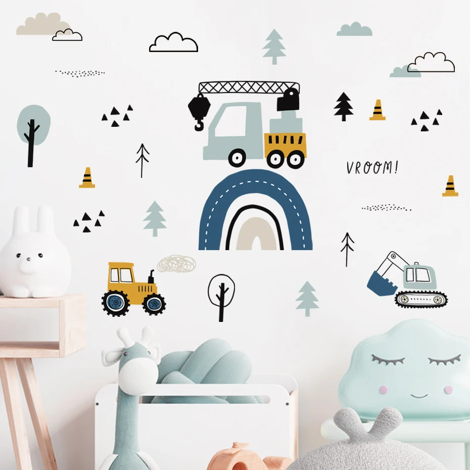 Купи Hand Drawn Cartoon Cute Cars Cargo Truck Crane Wall Stickers Watercolor Nursery Stickers Wall Decals Kids Boys Room Home Decor за 396 рублей в магазине AliExpress