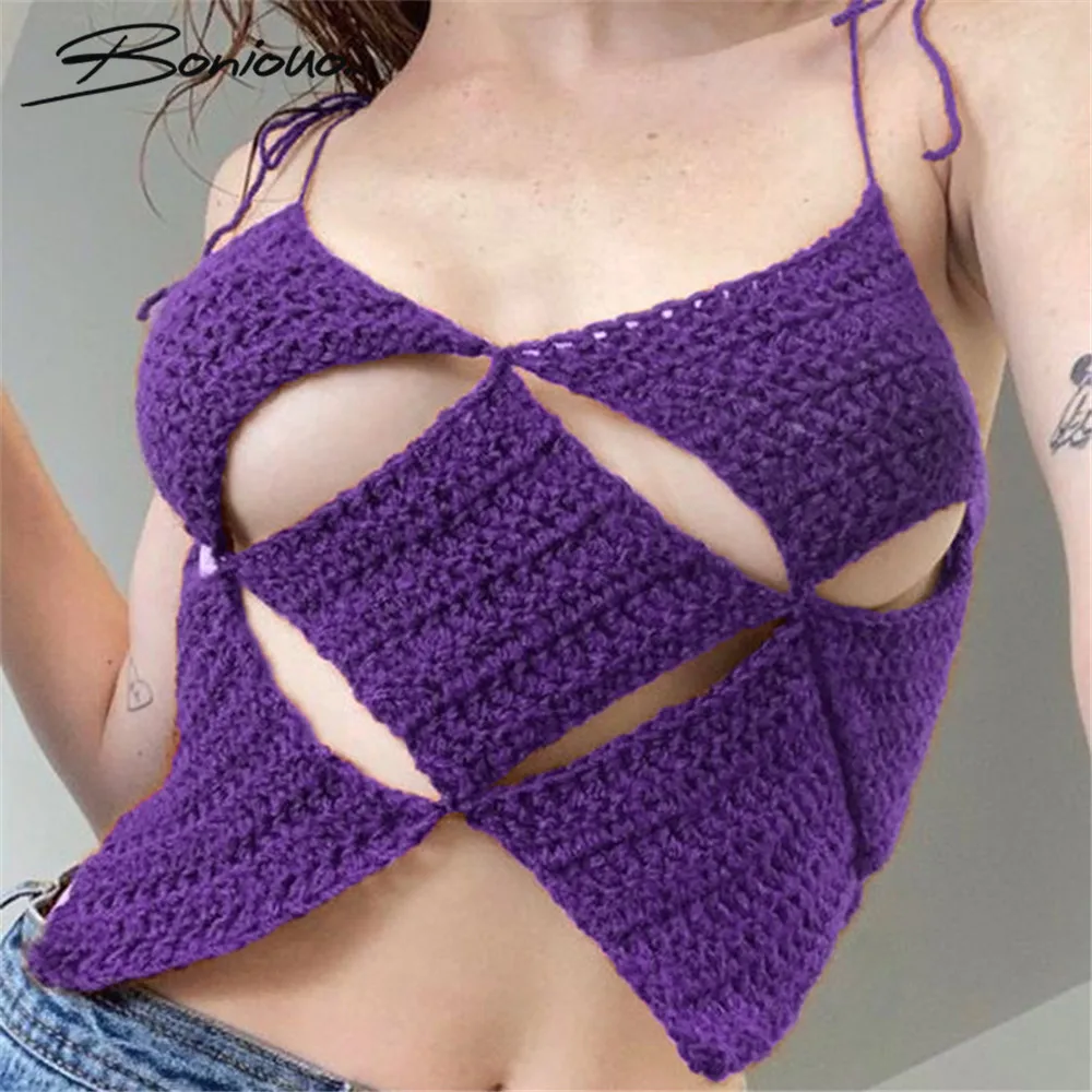

Boniouo Hollow Out Women Knitted Vest Y2K Crop Top Summer Backless Tank Cropped Tops Fashion Streetwear Camis Female Clothes