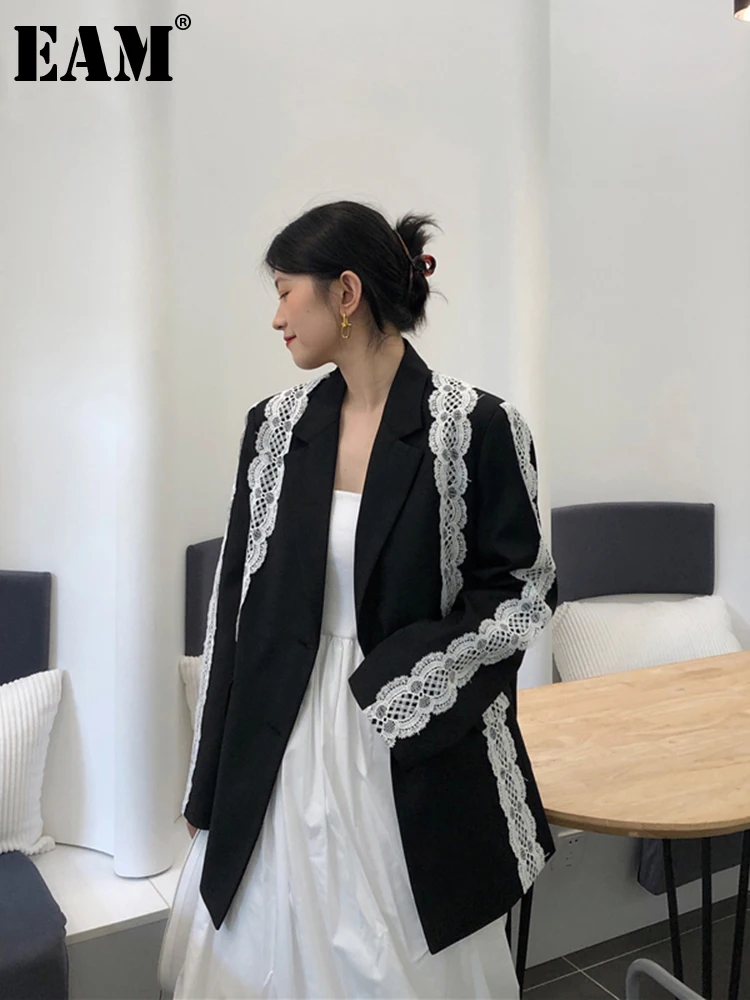 

[EAM] Women Black Lace Split Big Size Blazer New Lapel Long Sleeve Loose Fit Jacket Fashion Tide Spring Autumn 2022 1DA513