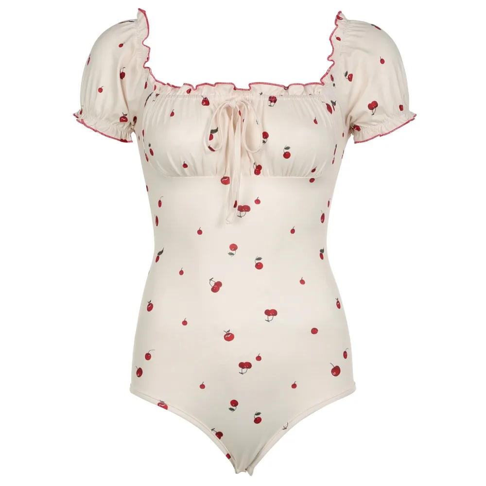 Fashion White One-Piece Swimwear Cherry Print Short Sleeve Summer Bodysuit Ladies Beach Wear Pool