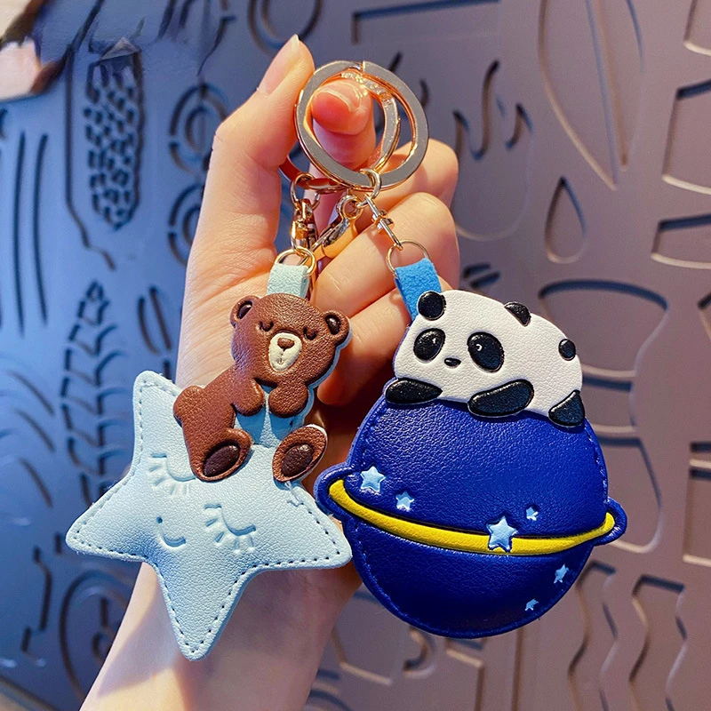 

Cartoon Leather Star Sleeping Brown Bear Animal Pendant Keychain Female Cute Moon Baby Elephant Planet Panda Bag Key Chain Charm