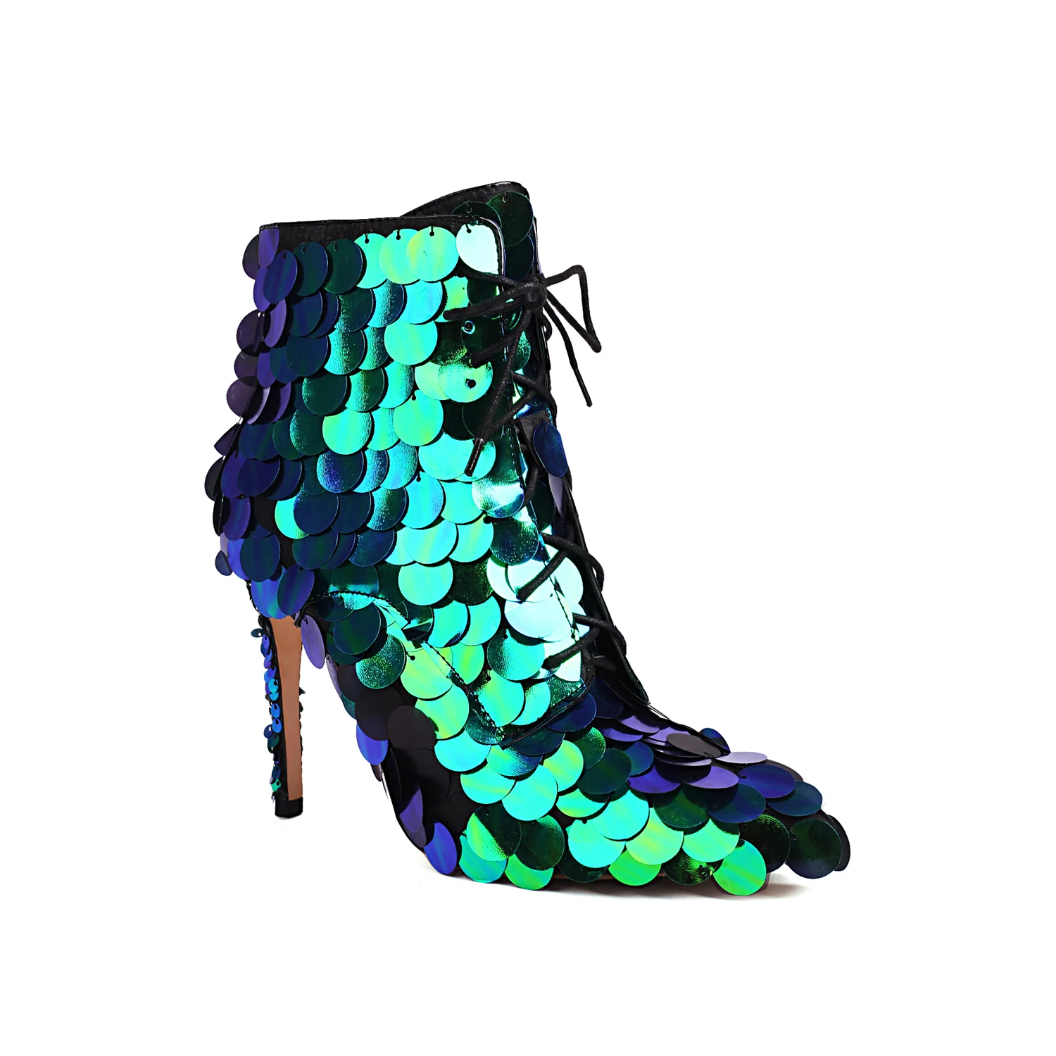 

Женские ботинки с блестками Fish Scale, пикантные короткие сапоги на тонком высоком каблуке, на шнуровке, большой размер 34-48, для осени и зимы