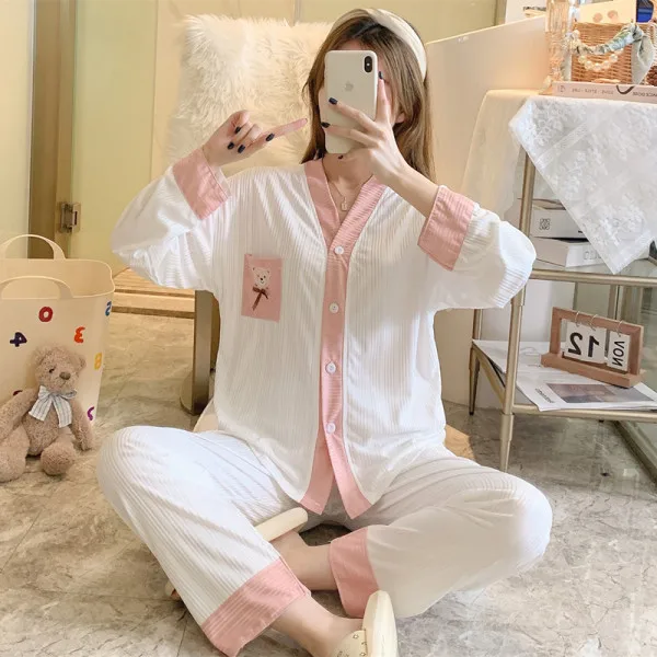Pajamas Girl Cute Cartoon  Student  Spring/Autumn Fresh Long Sleeves Pit Bar Milk Silk Pocket Bear Home Set Pyjamas Sleepwear