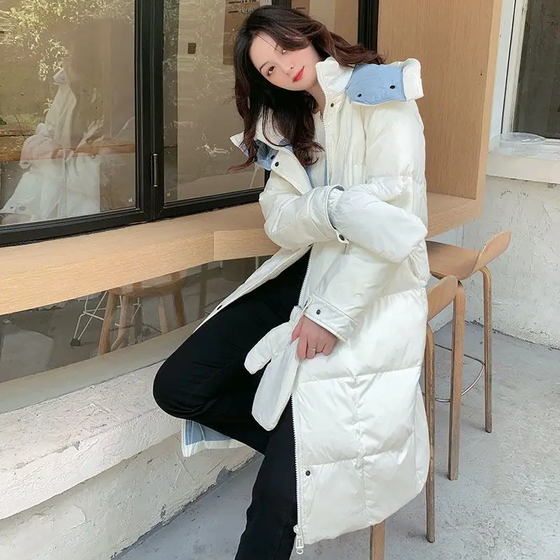 

Женское длинное пальто на белом утином пуху, однотонное теплое Свободное пальто с капюшоном, модель M171 в Корейском стиле на зиму, 2023