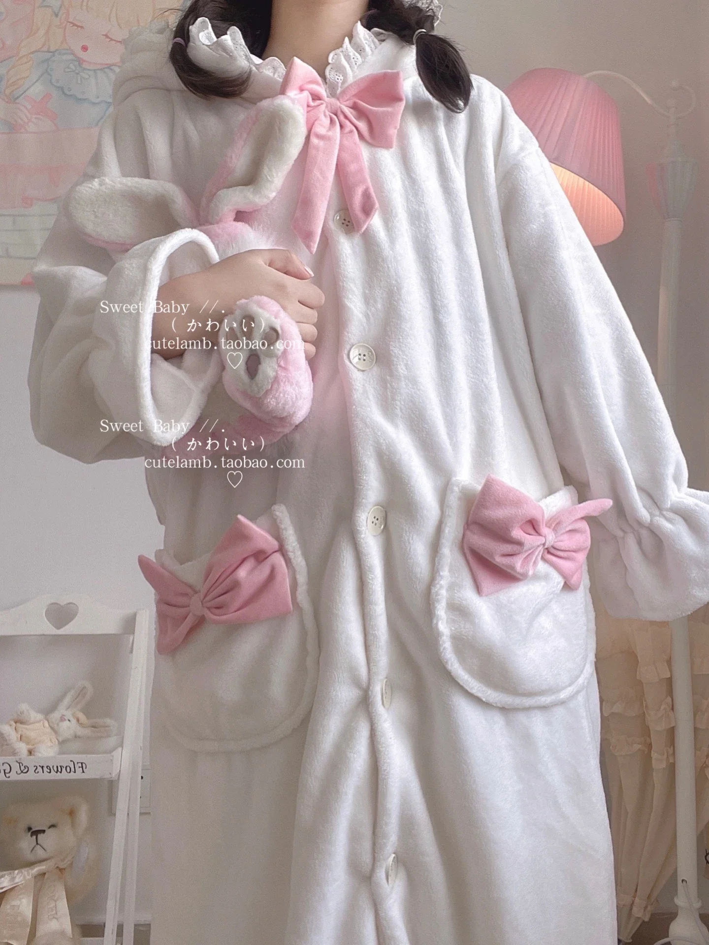 Милый костюм из двух предметов с кроликом Фланелевая пижама капюшоном