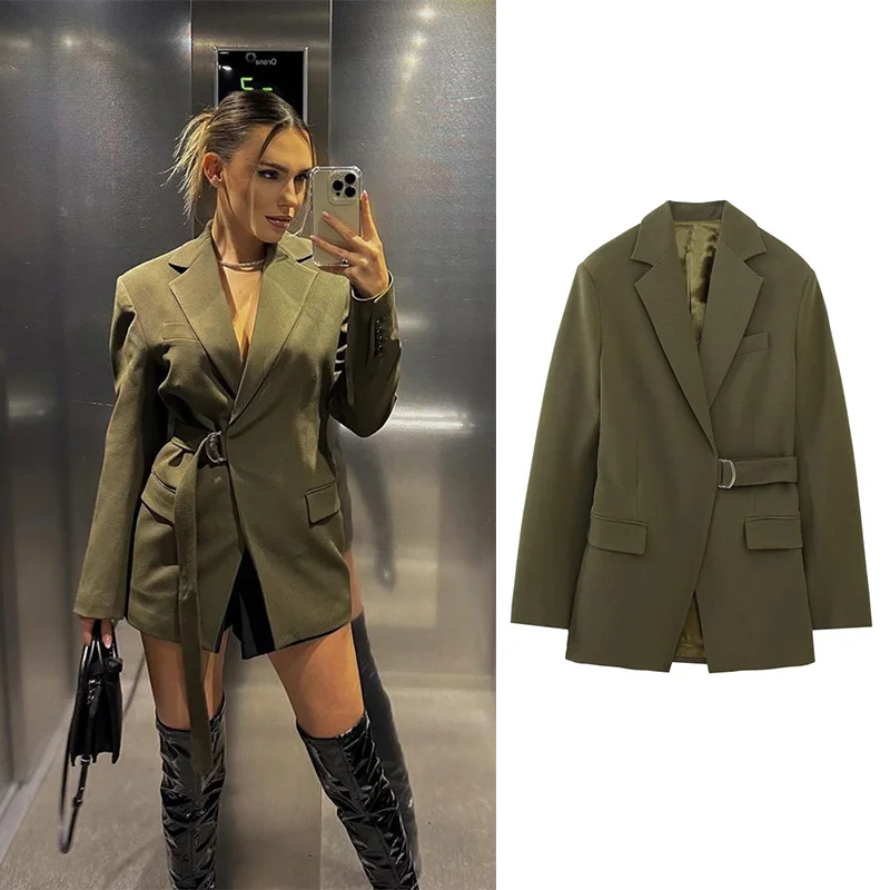 

Fashion Vintage Lapel Long Sleeve Back Slit Hollow Out with Belt Suit Jackets Women 2023 Spring Autumn New Chic Female Outerwear