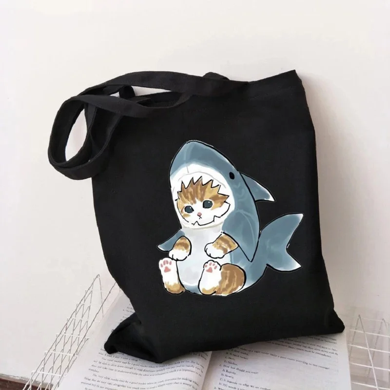 

Funny Cat Shark Shopping Bags for Women Summer Harajuku Resuable Canvas Tote Bag Large Capacity Kawaii Eco Shoper Bag Female