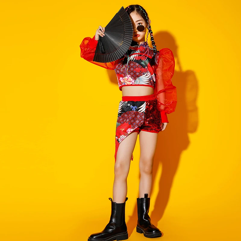 Детская одежда в стиле хип-хоп красный короткий топ с пышными рукавами K-POP рок