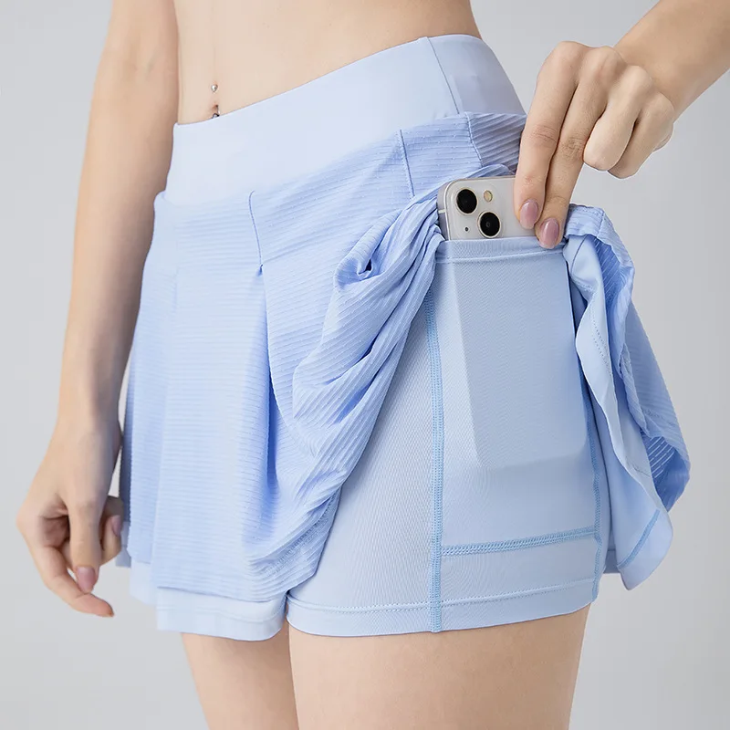 Women's Yoga Short Skirt Nylon Tennis Skirt Running Fitness Jacquard Skirt Fitness 2 Pcs Anti Exposure With Phone Pocket Skirt