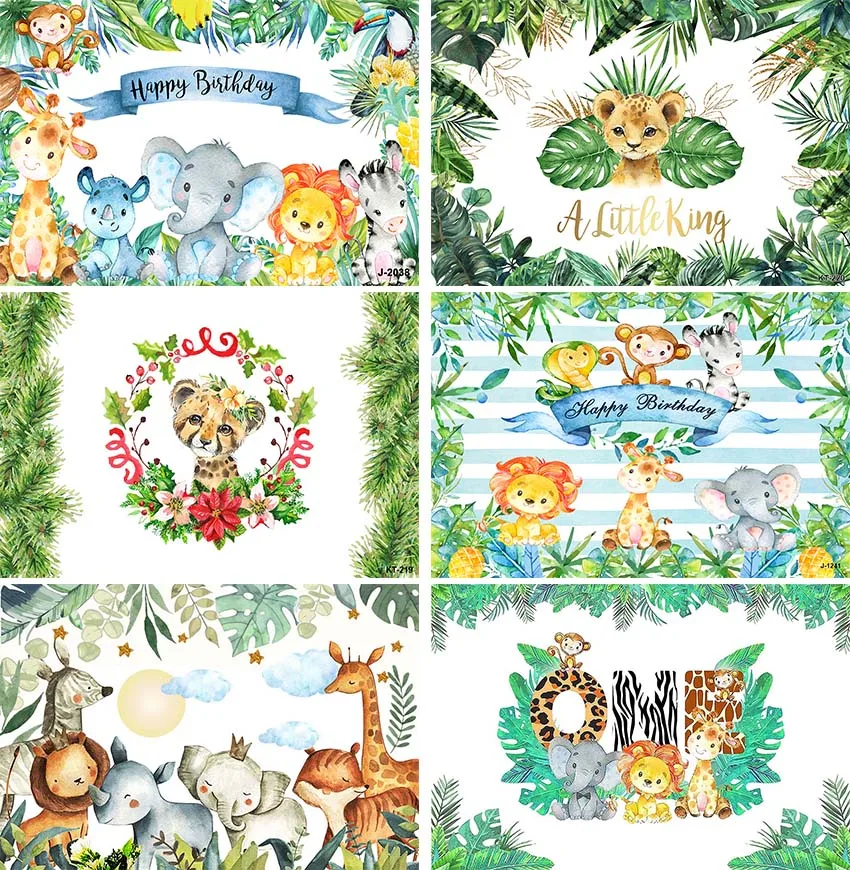 

Watercolor Tropical Jungle Safari Animal 1st Birthday Party Backdrops Wild One Baby Shower Customized Photographic Background