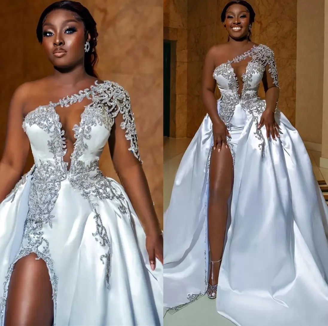 

Plus Size Arabic Aso Ebi Luxurious Beaded Crystals Wedding Dress Lace Mermaid Satin Bridal Gowns Dresses 2023