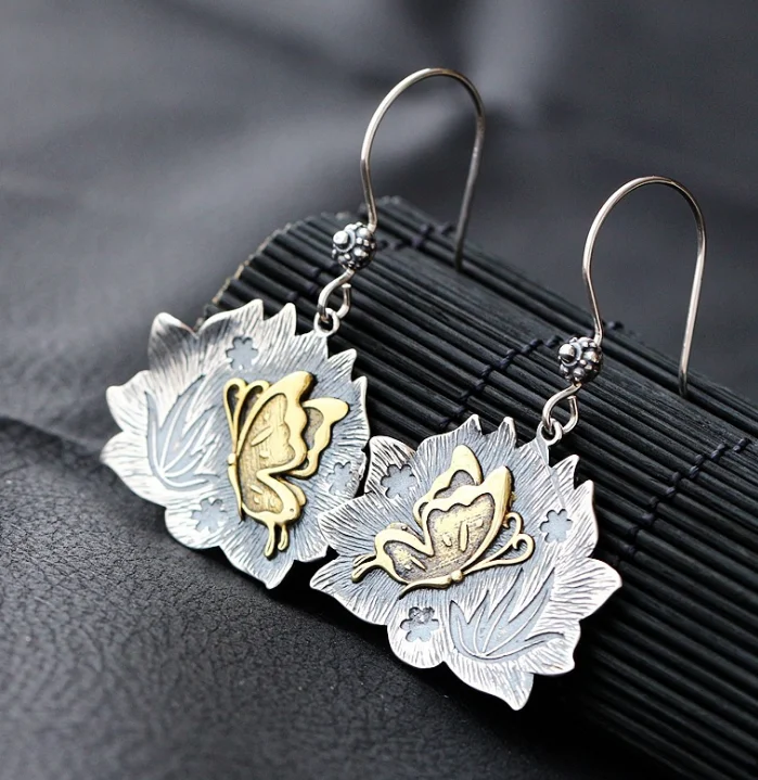 

ANGLANG Fashion Women Ancient Silver Butterfly Dangle Hoop Earrings Anniversary Birthday Gift Daily Accessory Fine Jewelry