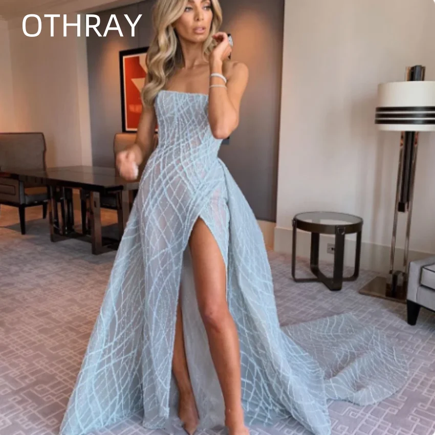Othray Blue Strapless Sequin Evening Party Shiny Floor-length Prom Gowns Front High Split Dresses For Women Sexy Abendkleider |