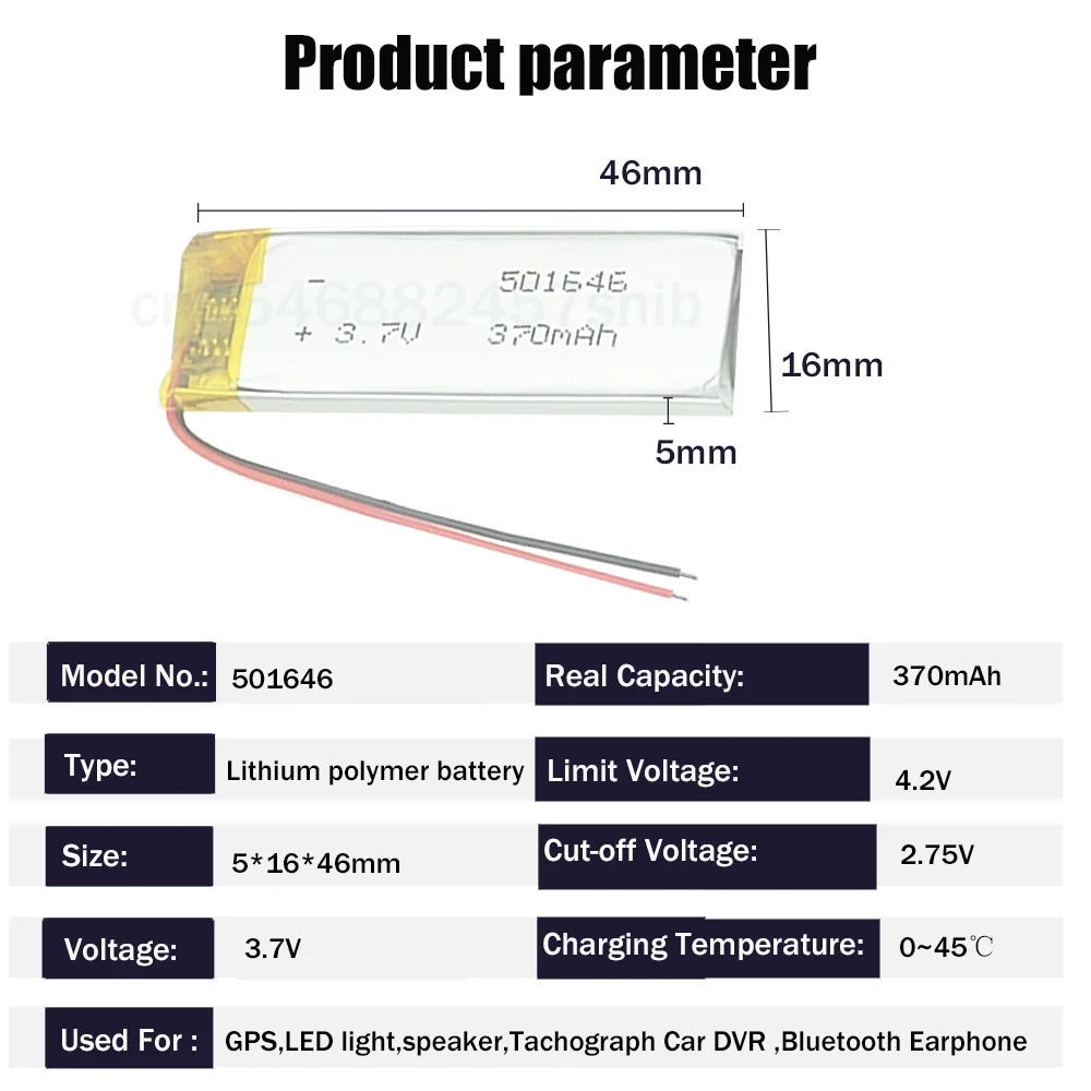 1-2pcs 3.7V 370mAh 501646 051646 Li-Polymer Rechargebale Lithium Battery For DVD VCD GPS Tracker Bluetooth Speakers Smart Watch - купить по