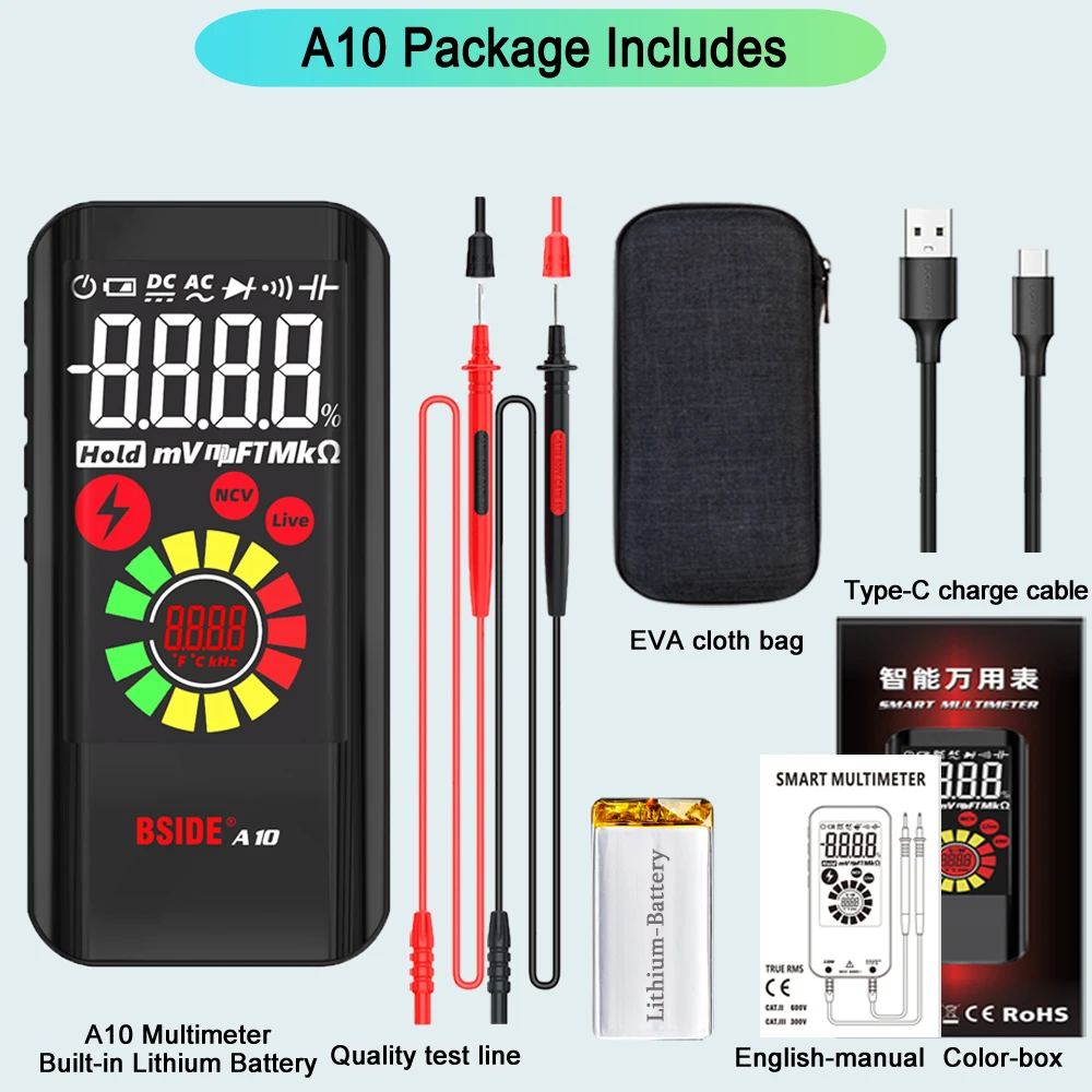 

Ultra-Portable Digital Multimeter BSIDE A10 9999 True RMS Color LCD DC AC Voltage Capacitance Ohm Diode NCV Hz Live wire Tester