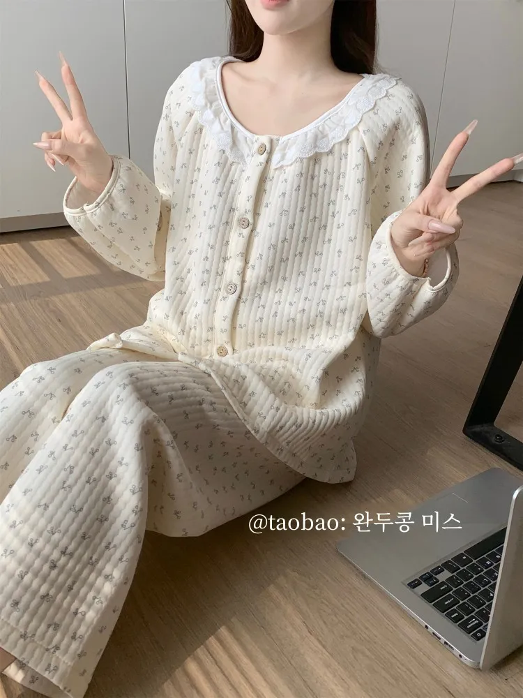 Осенне-зимние новые милые кружевные пижамы с цветочным принтом женские