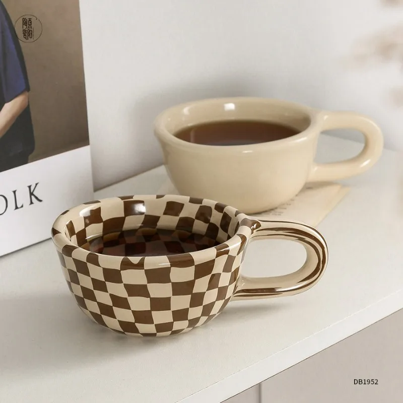 

Korean Irregular Checkerboard Coffee Ceramic Cup Wholesale Office Mug High Beauty Retro Cup Ceramic