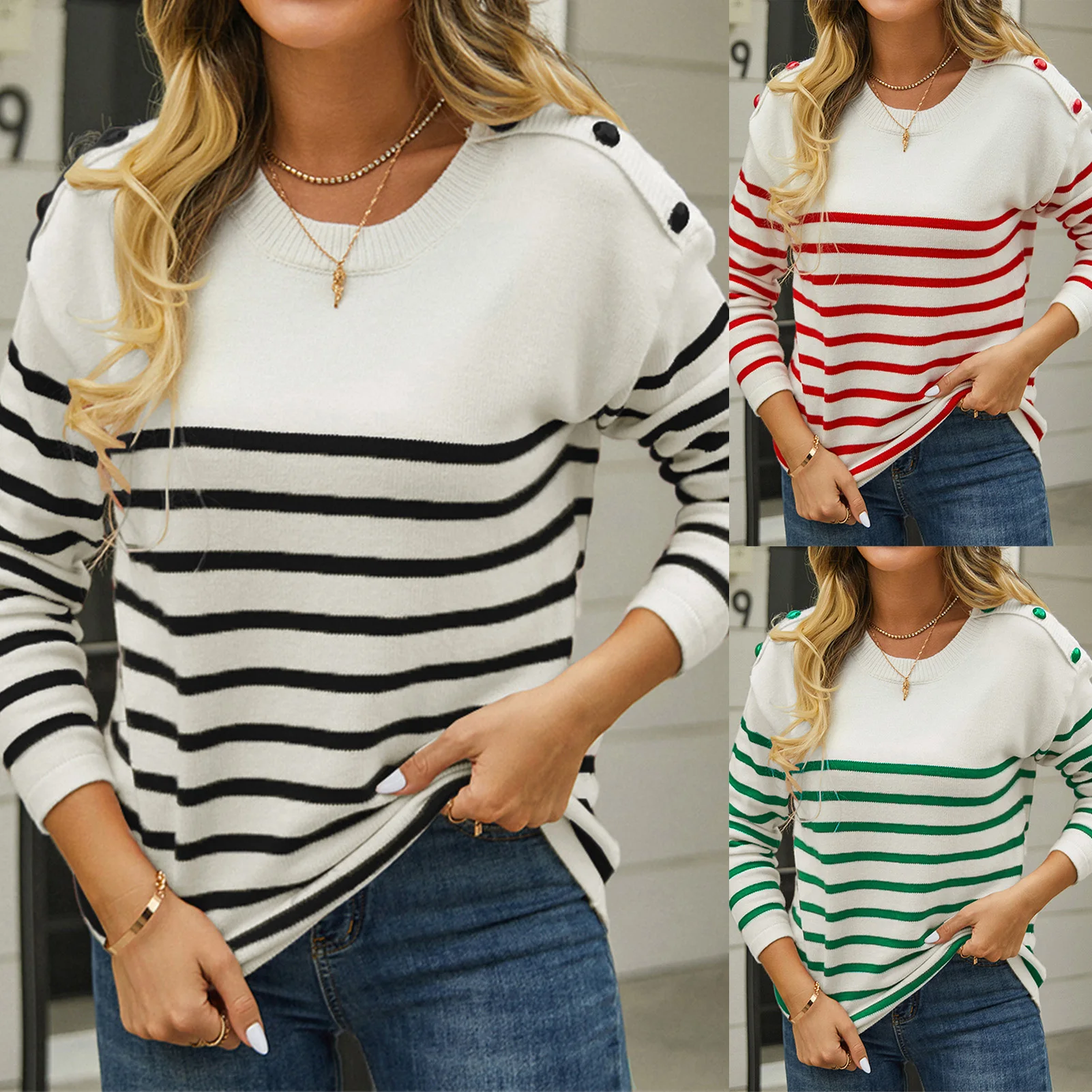 

Casual Striped Knit Long Sleeve Sweater Comfy Chic Sweater Casual Striped Knit Patchwork Jumpers Shoulder Button Tops Warm Coats