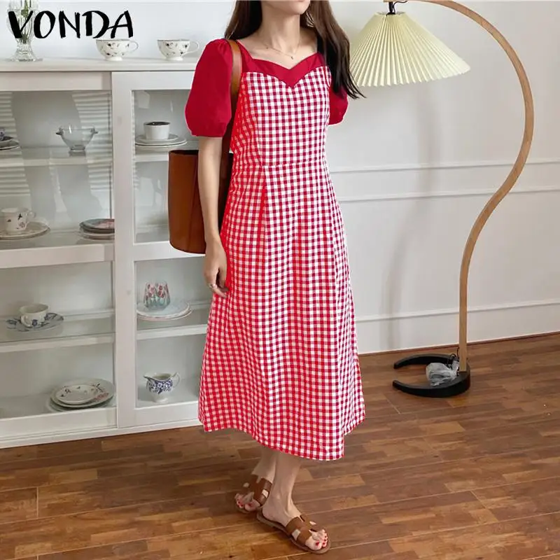 

2022 весеннее винтажное длинное клетчатое плиссированное платье VONDA, женское лоскутное платье, Повседневный Сарафан в полоску, платье миди с ...