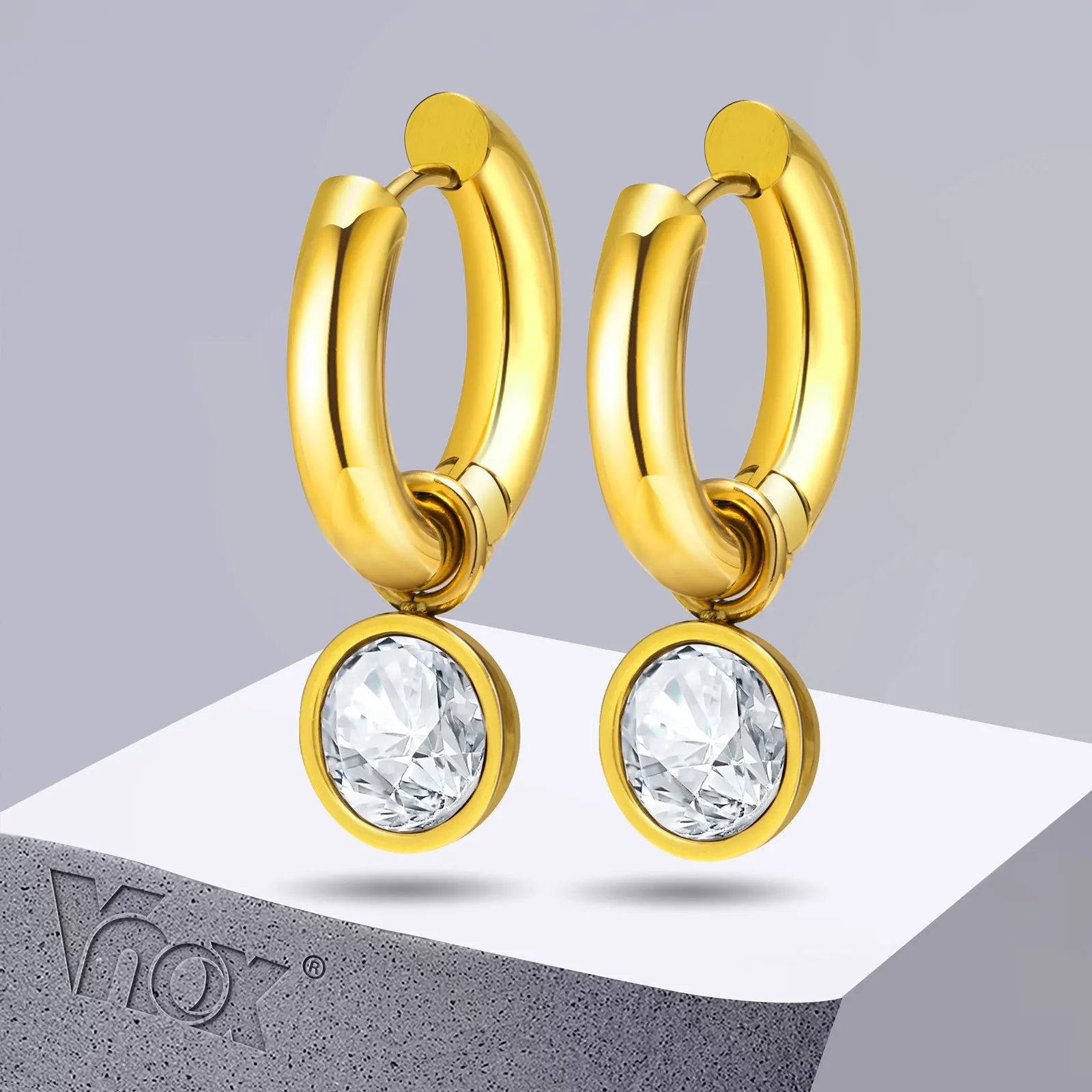 

Vnox Trendy Gold Color Stainless Steel Earrings for Women Party Jewelry, Bling AAA Cubic Zirconia Female Dangle Ear Clip