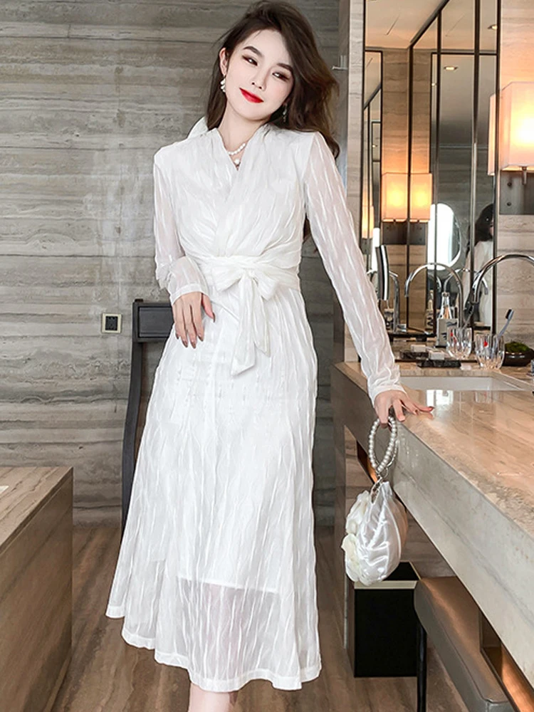 

French Retro Vintage Sweet Elegant White Dresses For Women 2022 V-neck Midi Bow Empire Waist Mermaid Robe Holiday Date Vestidos