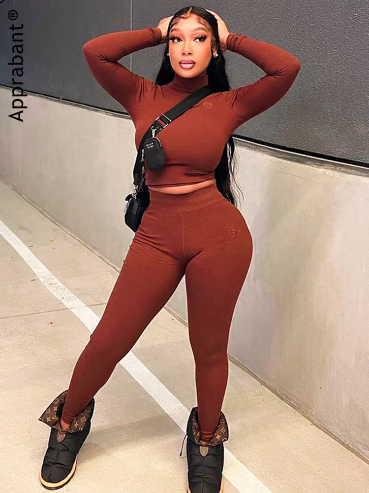 

Apprabant Heart Embroidered Two Piece Sets Women Tracksuit Long Sleeve Turtleneck Crop Top And Skinny Pants Sporty Matching Sets