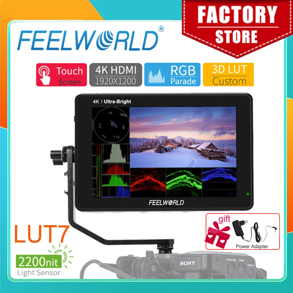 FEELWORLD Полевой монитор камеры LUT7 7-дюймовый сенсорный экран 2200 нит 3D LUT 4K HDMI-монитор