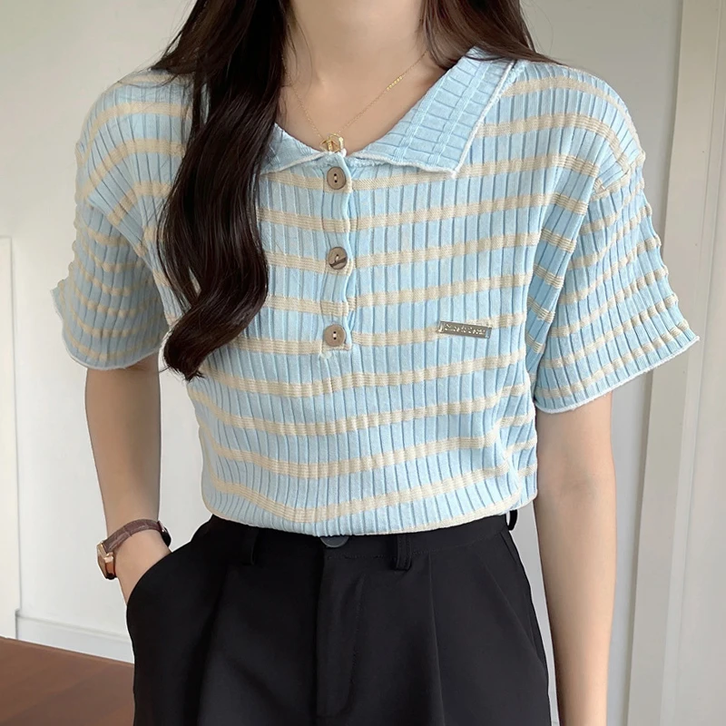 

Comfortable Lapel Small Button Summer New Temperament Female Striped Fashion All-Match Knitted Short-Sleeved Casual Slim Top