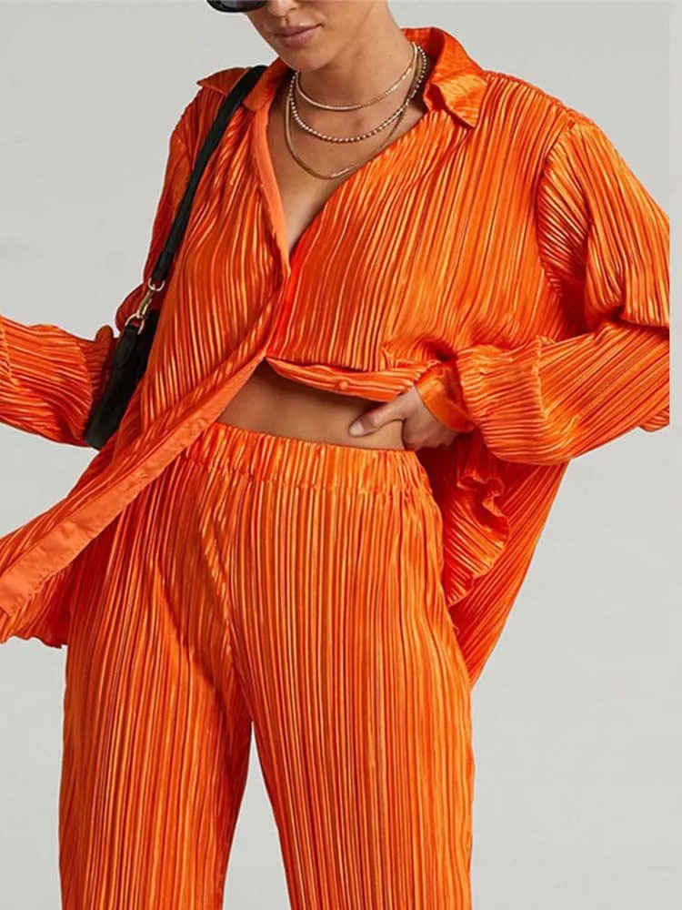 

Women's Shirt Pleated Two Piece Set Casual Green Loose High Waist Wide Leg Pants Suit 2022 Elegant Office Ladies Female Outfits