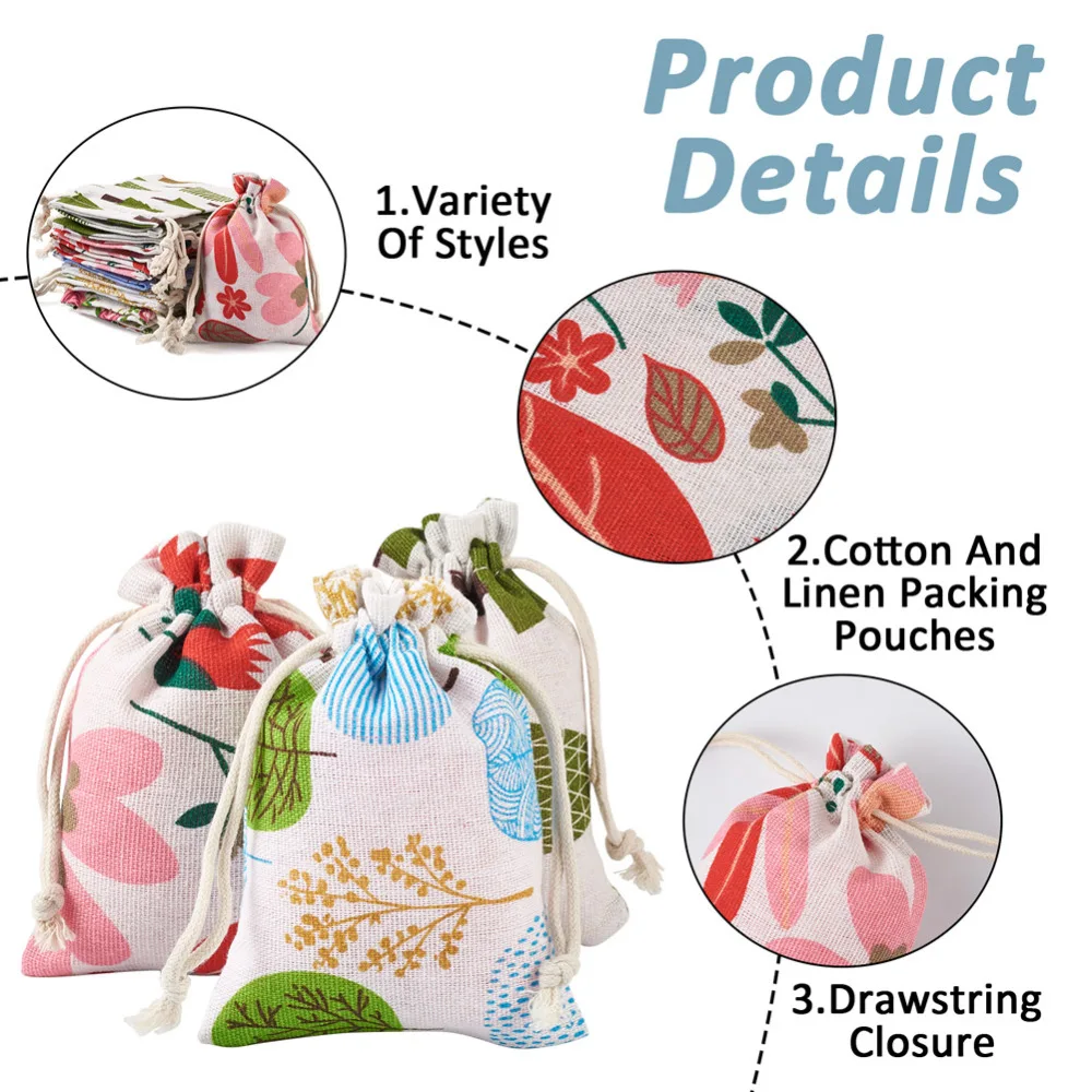 50Pcs Cloth Jute Gift Bags Small Drawstring Bag Tree Flower Patterns Packing Pouches for Present Jewelry Display Bags Ornament