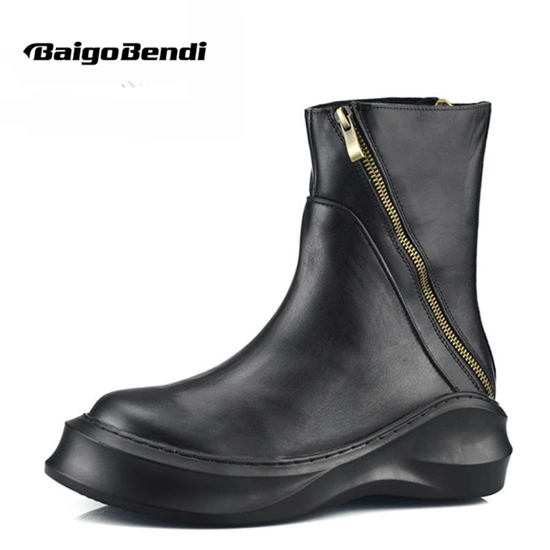 

Amazing Gold Zip Design Men's Soft Genuine Leather Mid-calf Winter Riding Boots Warm Fur Trendy Cool Men Heighten Shoes