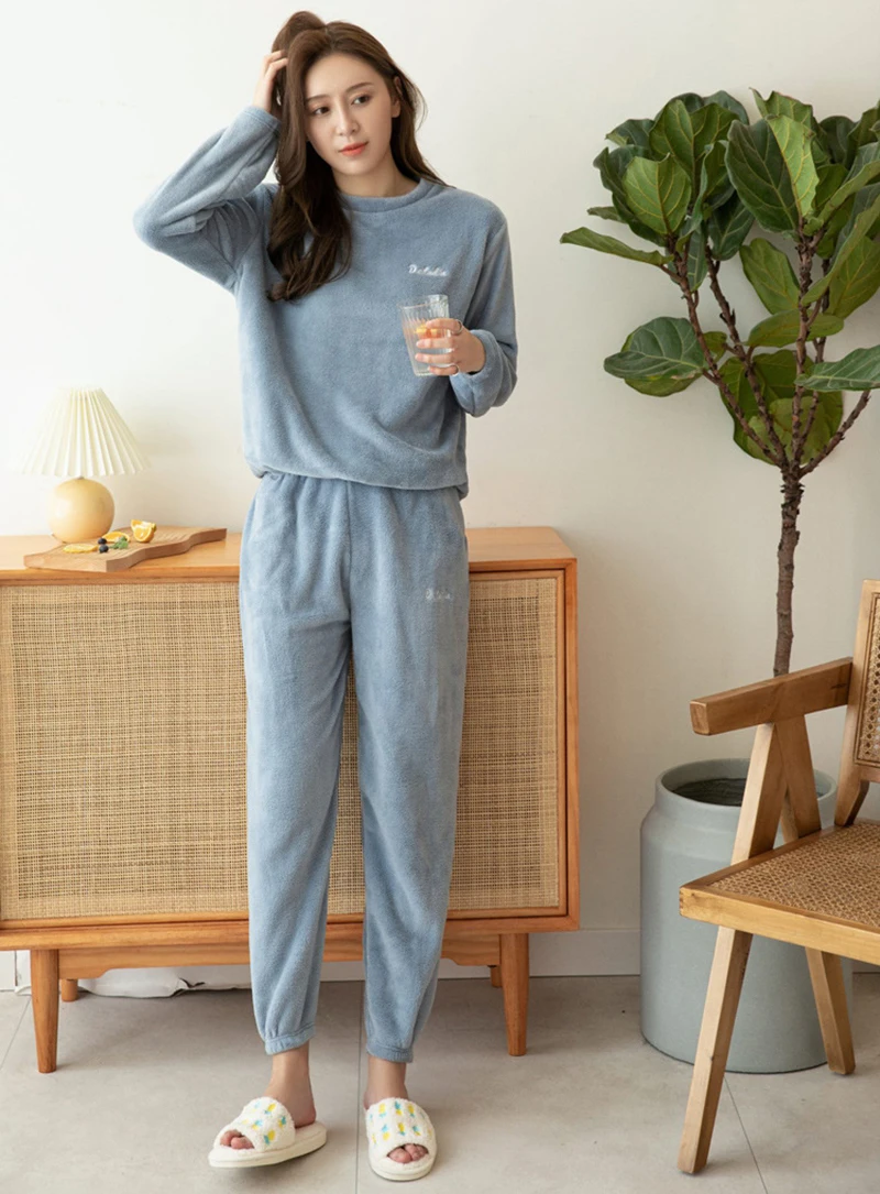 Round Neck Ladies Pajama Sets Thicken Autumn And Winter Keep Warm Nightgown Comfortable Soft Sleepwear Suit Simple Style