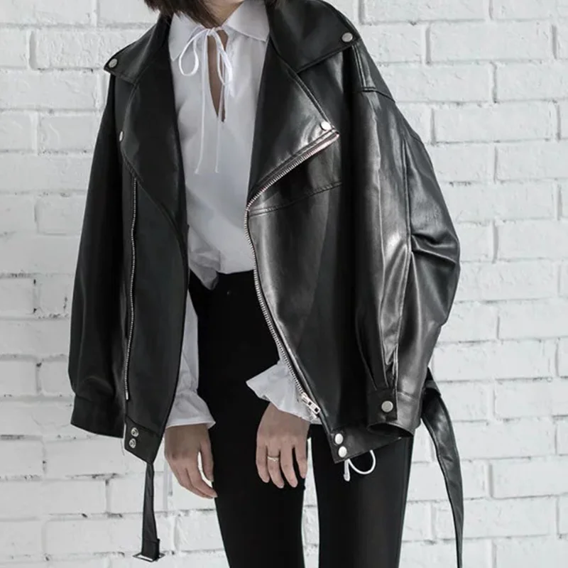 

Street Hipster Korean-style Long-sleeve Lapel Loose Women's Leather Coat Trench Winter 2023 Jackets Woman Clothes Outerwear Over