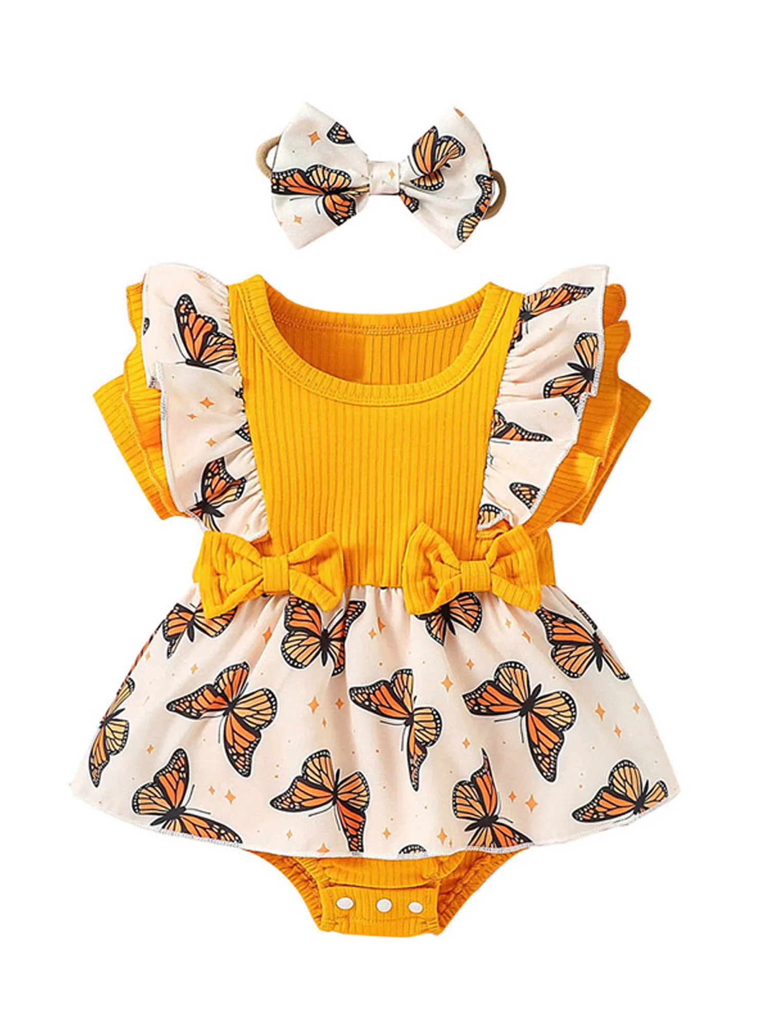 

Infant Baby Girls Romper Dress Knitted Ribbed Strawberry Sunflower Print Fly Sleeve Skirt Hem Bodysuits with Bow Headband