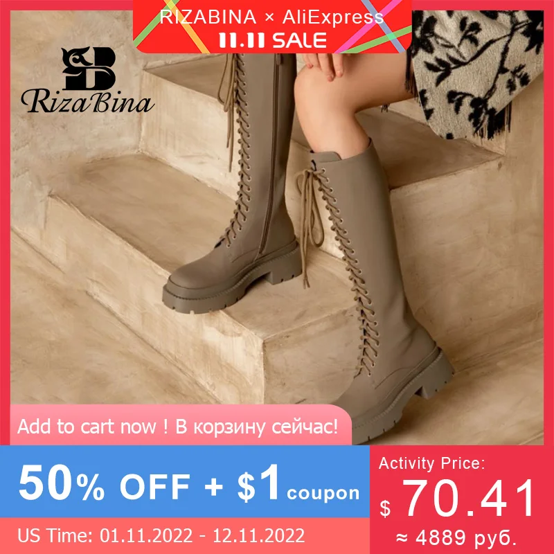 

RIZABINA 2022 Women Fashion Shoes Real Leather knee Boots Thick Heels Lace Up Ins Style Cool Outdoor Female Footwear Size 34-39