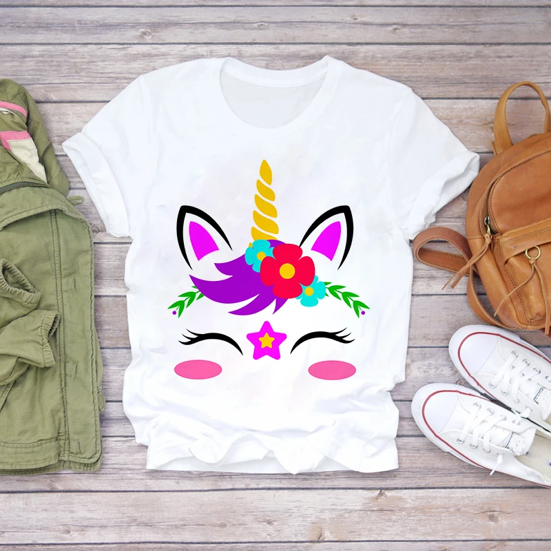 

2022 New Cute Unicorn Children T Shirt Face Design Funny Baby Boys Girls Harajuku Summer White Pink T-shirt Kids Cartoon Clothes